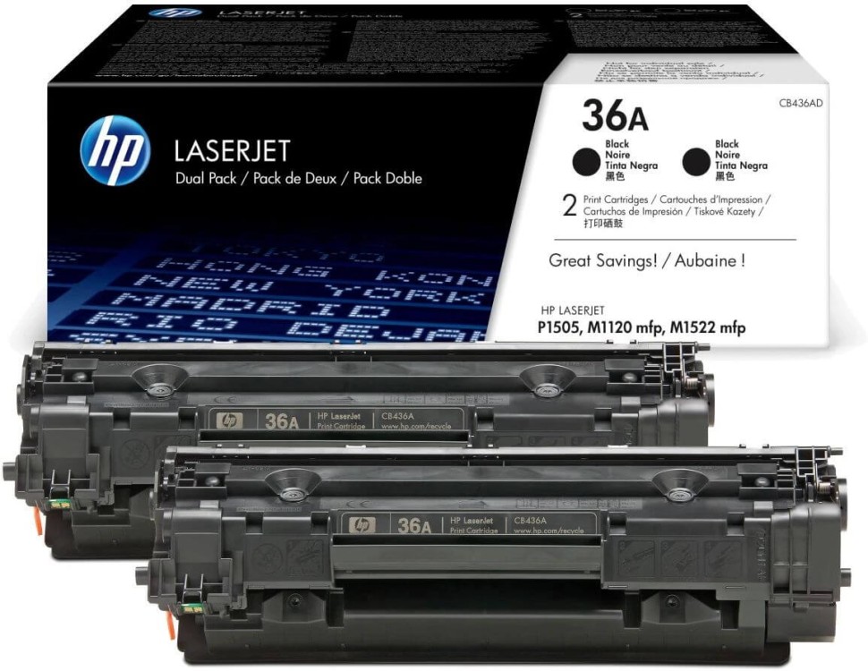 Картридж HP CB436AD / CB436AF (36A) оригинальный для HP LaserJet P1503/ P1504/ P1505/ P1506/ M1120/ M1522, чёрный, двойная упаковка 2*2000 страниц