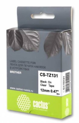 Картридж Cactus TZe-131 (CS-TZ131) для Brother P-touch 1010/ 1280/ 1280VP/ 2700VP, чёрный на прозрачном, 12мм х 8м