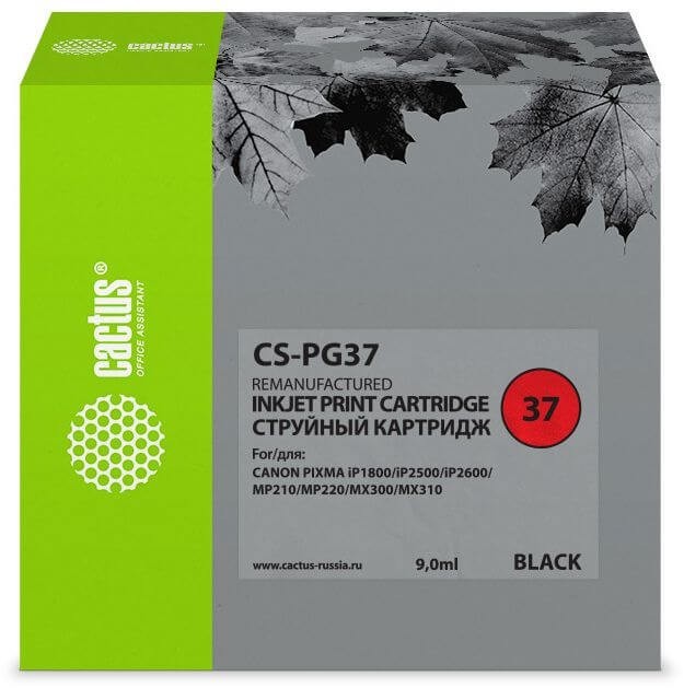 Картридж Cactus PG-37 (CS-PG37) Black (с чипом) для Canon PIXMA iP1800/ iP1900/ iP2500/ iP2600/ MP140/ MP190/ MP210/ MP220/ MP470/ MX300/ MX310, чёрный, 9мл