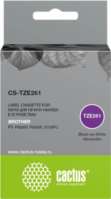 Картридж Cactus TZe-261 (CS-TZE261) для Brother PT- P900W/ P950W/ 9700PC, чёрный на белом, 36мм х 8м