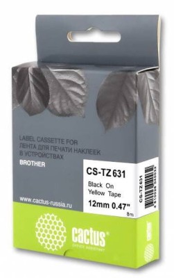 Картридж Cactus TZe-631 (CS-TZ631) для Brother P-touch 1010/ 1280/ 1280VP/ 2700VP, чёрный на жёлтом, 12мм х 8м