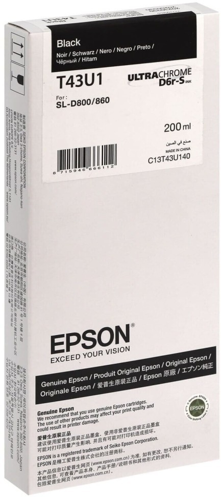 Картридж Epson C13T43U140 (T43U1) Black оригинальный для Epson SureLab SL-D800, чёрный, 200мл