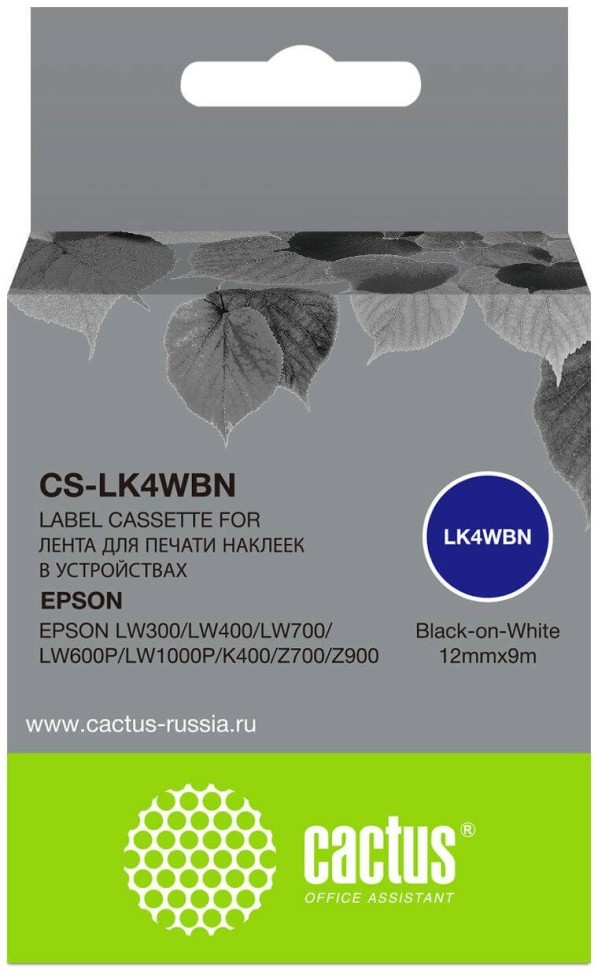 Картридж Cactus LK-4WBN (CS-LK4WBN) для Epson LabelWorks LW300/ LW400 /LW700/ LW600P/ LW1000P/ K400/ Z700/ Z900, чёрный на белом, 12мм х 9м