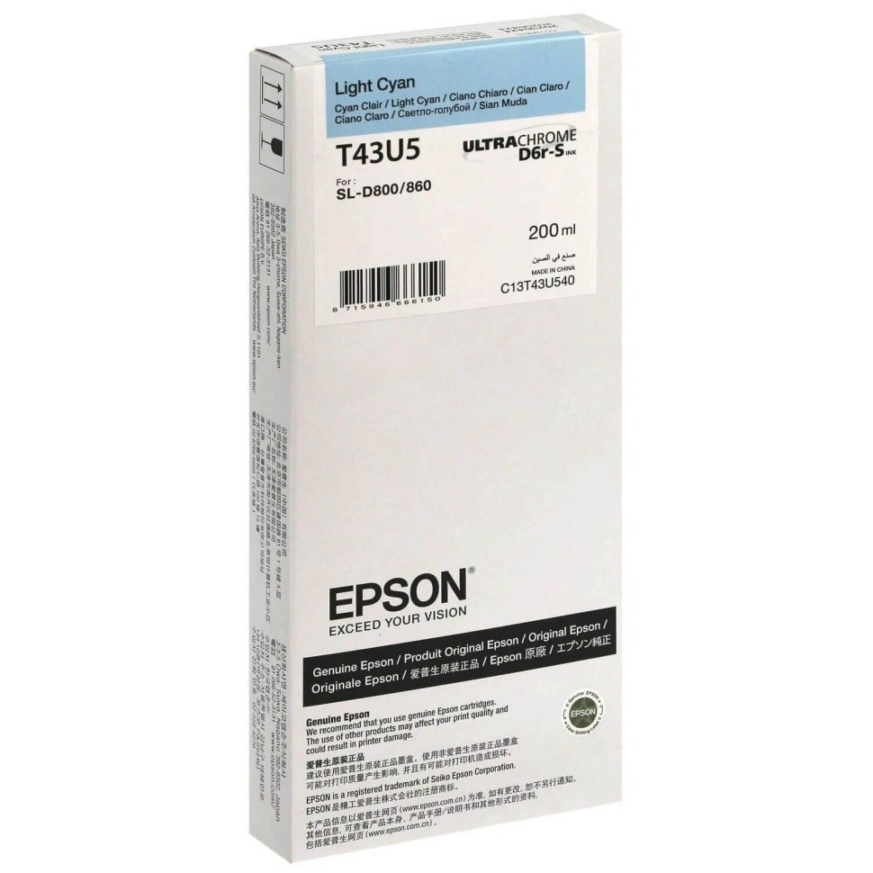 Картридж Epson C13T43U540 (T43U5) Light Cyan оригинальный для Epson SureLab SL-D800, светло-голубой, 200мл