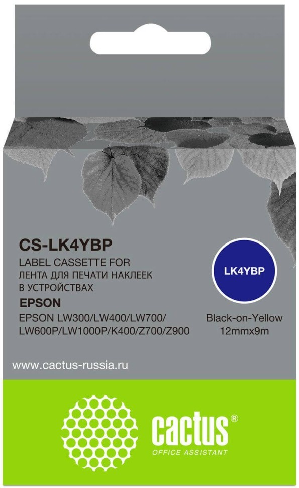 Картридж Cactus LK-4YBP (CS-LK4YBP) для Epson LabelWorks LW300/ LW400 /LW700/ LW600P/ LW1000P/ K400/ Z700/ Z900, чёрный на жёлтом, 12мм х 9м