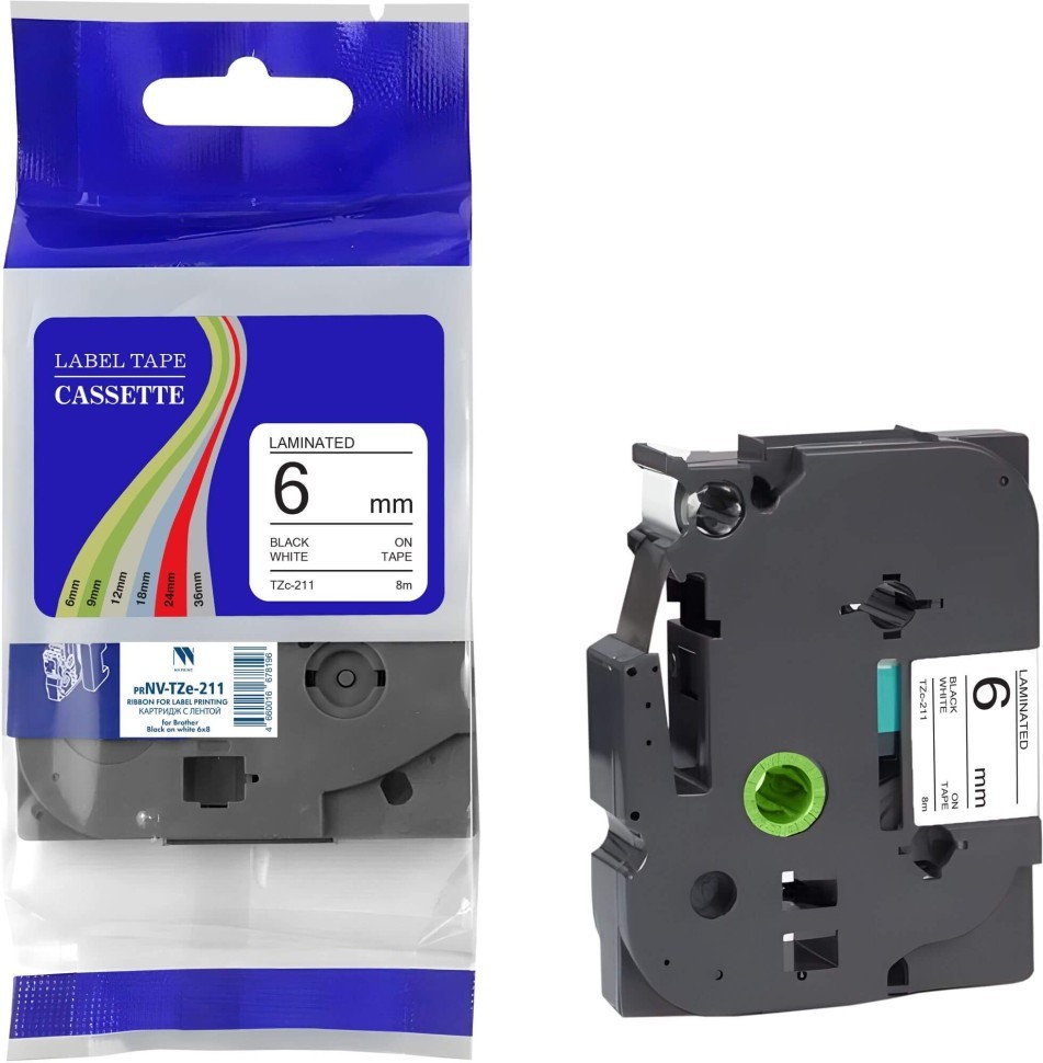 Картридж NV Print TZe-211 (NV-TZe-211) для Brother P-touch P700/ 9500PC/ 9700PC, чёрный на белом, 6мм х 8м