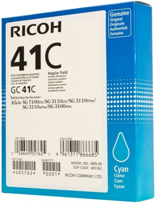Картридж Ricoh GC 41C (405762) оригинальный для Ricoh Aficio SG 3110DN/ DNw/ SFNw/ 3100SNw/ 7100DN, голубой, 2200 стр.