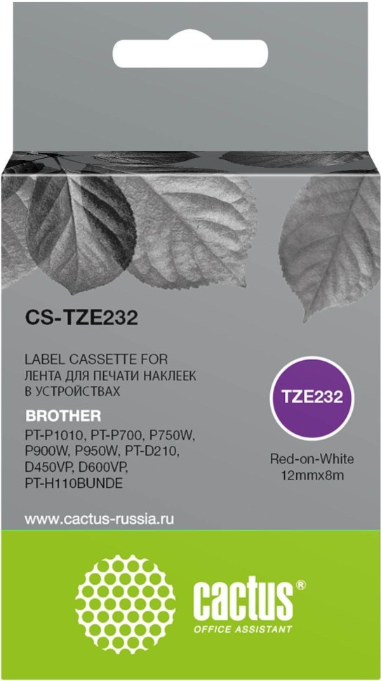 Картридж Cactus TZe-232 (CS-TZE232) для Brother P-touch PT-P700/ P750W/ P900W/ P950W/ PT-D210/ D450VP/ D600VP, красный на белом, 12мм х 8м