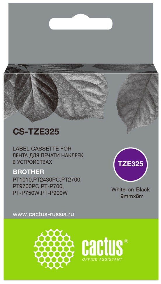 Картридж Cactus TZe-325 (CS-TZE325) для Brother P-touch 1010/ P700/ P900W/ P950W, белый на чёрном, 9мм х 8м