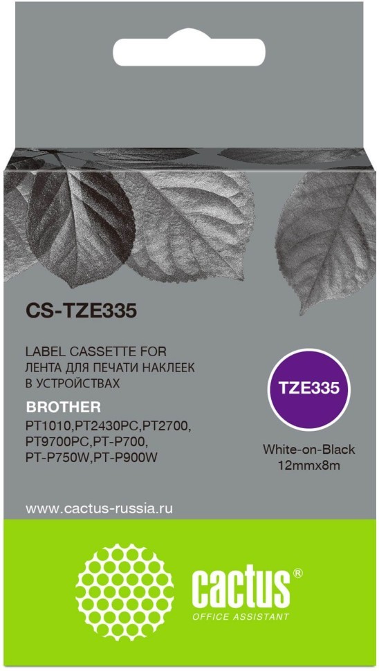 Картридж Cactus TZe-335 (CS-TZE335) для Brother P-touch 1010/ P700/ P900W/ P950W, белый на чёрном, 12мм х 8м