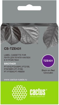 Картридж Cactus TZe-431 (CS-TZE431) для Brother P-touch 1010/ 1280/ 1280VP/ 2700VP, чёрный на красном, 12мм х 8м