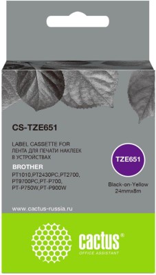 Картридж Cactus TZe-651 (CS-TZE651) для Brother P-touch 1010/ 1280/ 1280VP/ 2700VP, чёрный на жёлтом, 24мм х 8м