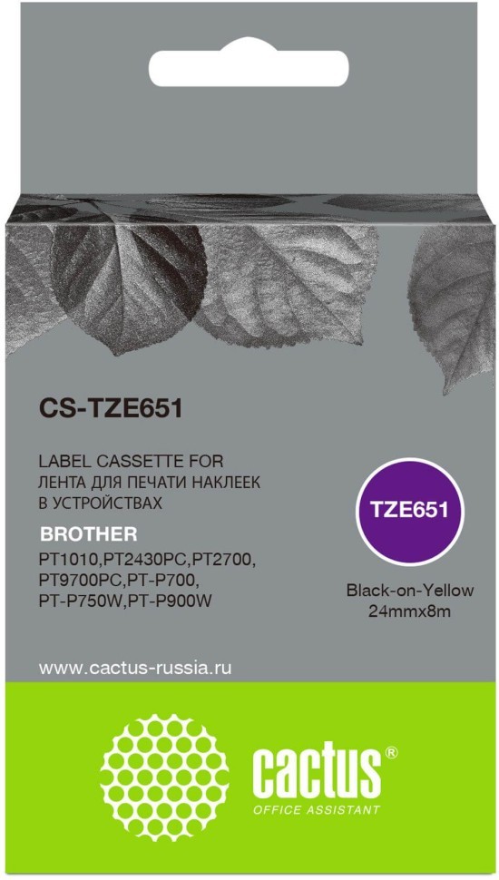 Картридж Cactus TZe-651 (CS-TZE651) для Brother P-touch 1010/ 1280/ 1280VP/ 2700VP, чёрный на жёлтом, 24мм х 8м