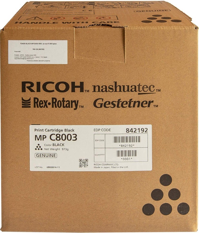 Картридж Ricoh MPC8003 (842192) оригинальный для Ricoh Aficio MP C6503/ C8003SP, черный 47000 стр.