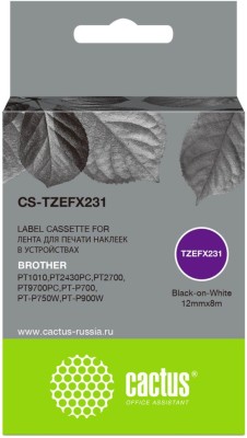 Картридж Cactus TZe-FX231 (CS-TZEFX231) для Brother P-touch 1010/ 1280/ 1280VP/ 2700VP, чёрный на белом, 12мм х 8м