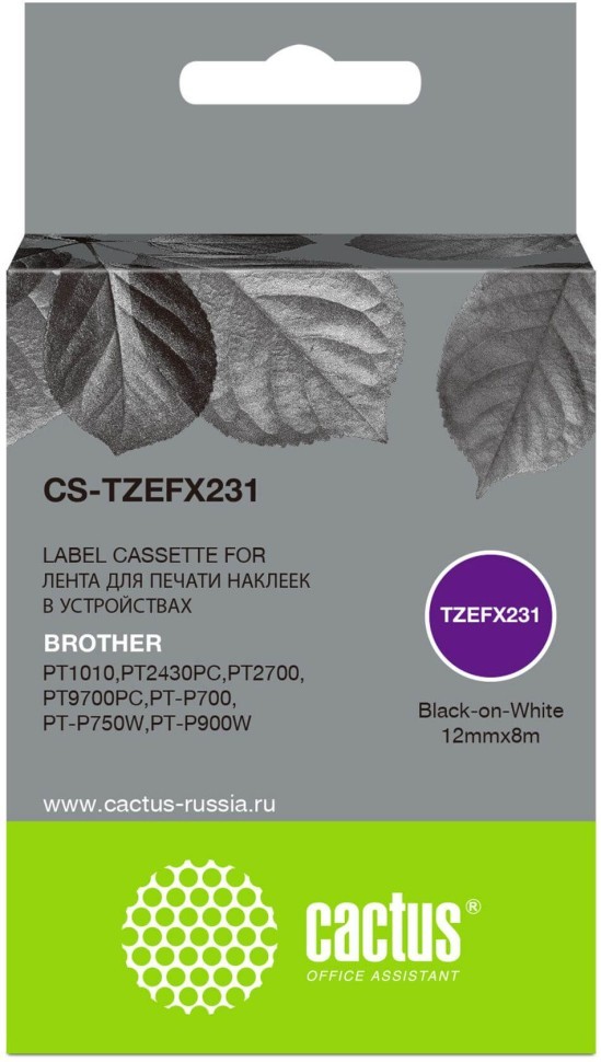 Картридж Cactus TZe-FX231 (CS-TZEFX231) для Brother P-touch 1010/ 1280/ 1280VP/ 2700VP, чёрный на белом, 12мм х 8м
