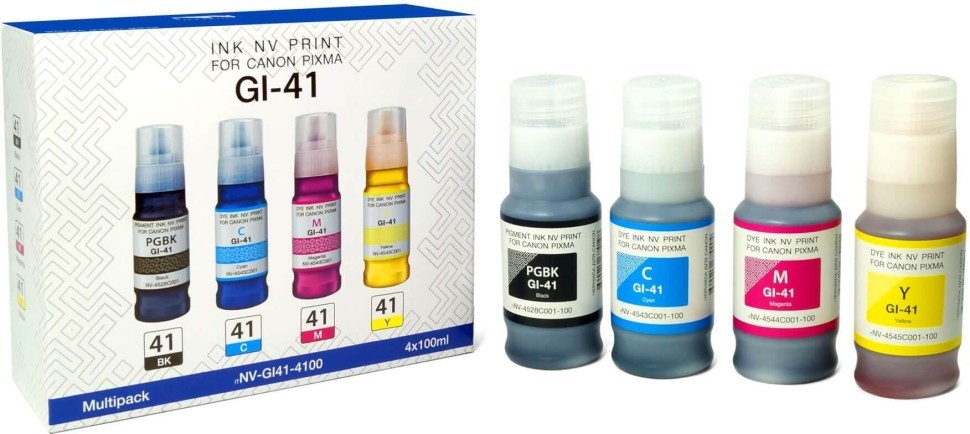 Набор чернил NV Print GI-41 (NV-GI41-4100) CMYK для Canon Pixma G1420/ G2420/ G2460/ G3420/ G3460, многоцветный, 4х100мл