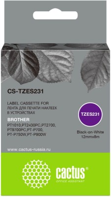 Картридж Cactus TZe-S231 (CS-TZES231) для Brother P-touch 1010/ 1280/ 1280VP/ 2700VP, чёрный на белом, 12мм х 8м