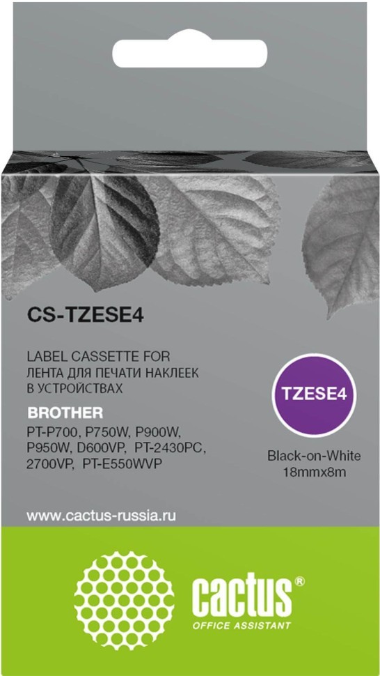 Картридж Cactus TZe-SE4 (CS-TZESE4) для Brother P-touch PT-P700/ P750W/ P900W/ P950W, чёрный на белом, 18мм х 8м
