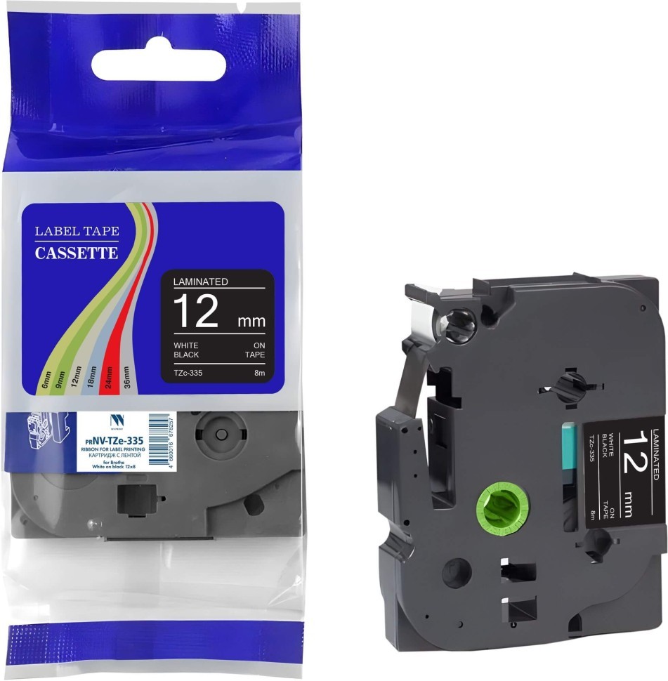 Картридж NV Print TZe-335 (NV-TZe-335) для Brother P-touch P700/ 1010/ 9600, белый на чёрном, 12мм х 8м