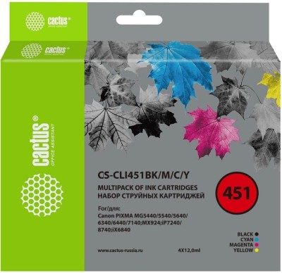 Набор картриджей Cactus CLI-451 (CS-CLI451BK/M/C/Y) CMYK (с чипом) для Canon Pixma iP6840/ iP7240/ MG5440/ MG7540/ MX724, голубой/ пурпурный/ жёлтый/ чёрный, 48мл