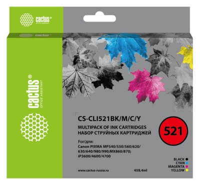 Набор картриджей Cactus CLI-521 (CS-CLI521BK/M/C/Y) CMYK (с чипом) для Canon Pixma iP3600/ iP4700/ MP550/ MP990/ MX860/ MX870, голубой/ пурпурный/ жёлтый/ чёрный, 33,6мл