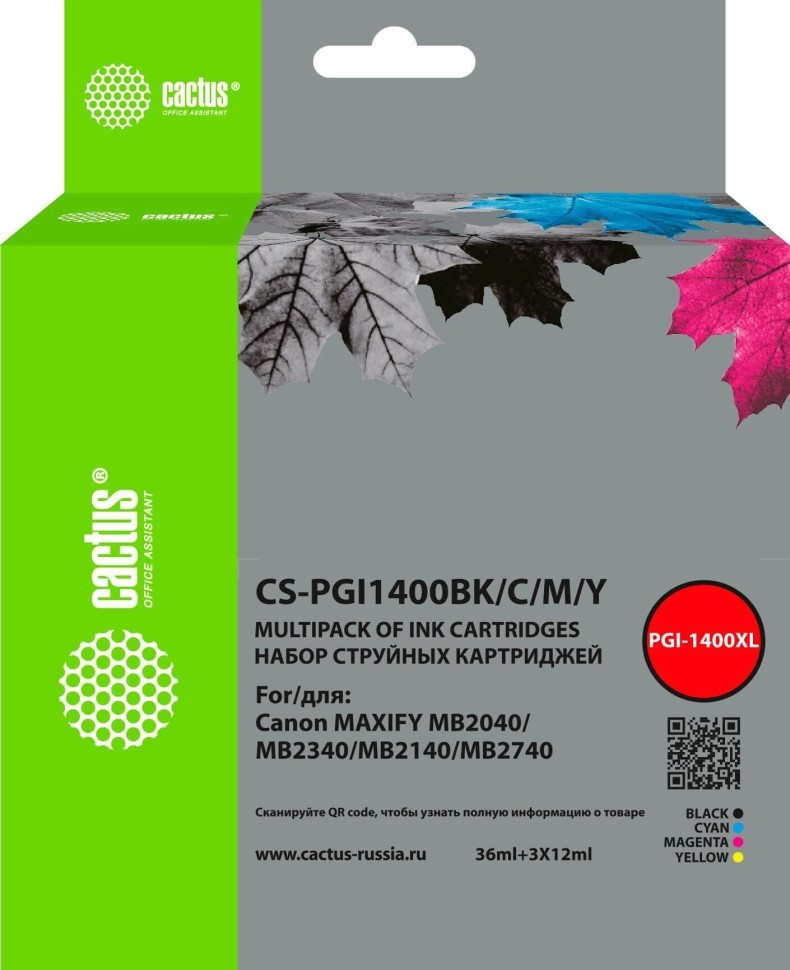 Набор картриджей Cactus PGI-1400 (CS-PGI1400BK/C/M/Y) CMYK (с чипом) для Canon MAXIFY MB2040/ MB2140/ MB2340/ MB2740, голубой/ пурпурный/ жёлтый/ чёрный, 72мл
