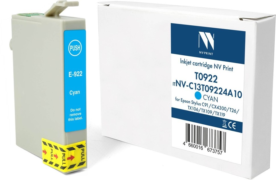 Картридж NV Print T0922 (NV-C13T09224A10) Cyan для Epson Stylus C91/ CX4300/ T26/ TX106/ TX109/ TX119, голубой, 13.5мл