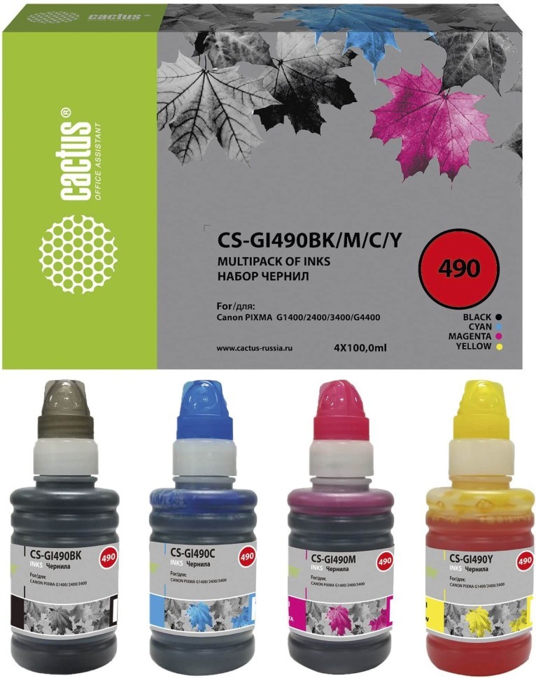 Набор чернил Cactus GI-490 (CS-GI490BK/M/C/Y) CMYK для Canon Pixma G1400/ G2400/ G3400/ G4400, голубой/ пурпурный/ жёлтый/ чёрный, 4х100мл