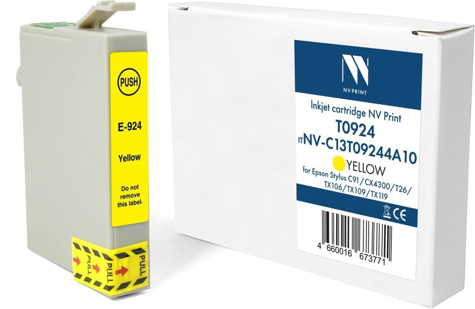Картридж NV Print T0924 (NV-C13T09244A10) Yellow для Epson Stylus C91/ CX4300/ T26/ TX106/ TX109/ TX119, жёлтый, 13.5мл