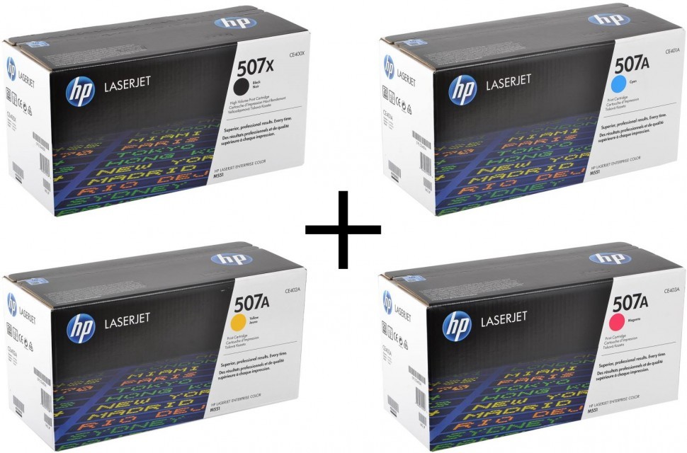 Комплект оригинальных картриджей CE400X + CE401A + CE402A + CE403A для принтера HP Color LaserJet M551/ MFP M575 (507X + 507A) black, cyan, yellow, magenta черный (11000 стр) цветные (6000 стр) 4штуки