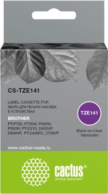 Картридж Cactus TZe-141 (CS-TZE141) для Brother P-touch 1010/ P700/ P900W/ P950W, чёрный на прозрачном, 18мм х 8м