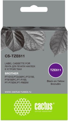 Картридж Cactus TZe-611 (CS-TZE611) для Brother P-touch 1010/ 1280/ 1280VP/ 2700VP, чёрный на жёлтом, 6мм х 8м