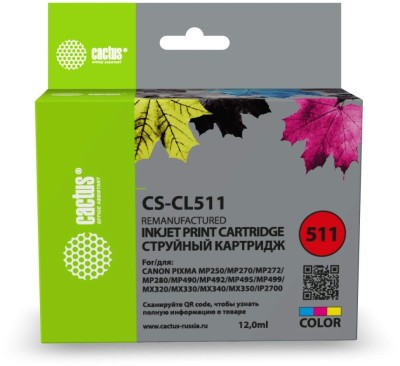 Картридж Cactus CL-511 (CS-CL511) Tri-Color (с чипом) для Canon PIXMA MP240/ MP250/ MX320/ MX330/ iP2700/ iP2702, цветной, 9мл