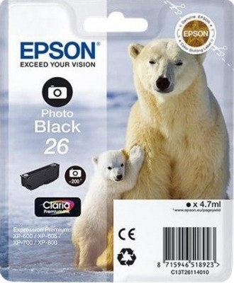 C13T26114010 Картридж Epson 26 Photo BK для Expression Premium XP-600, 605, 700, 800 (cons ink)